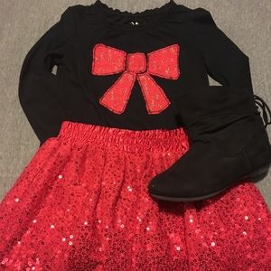 Long Sleeved Black Shirt with Red Bow